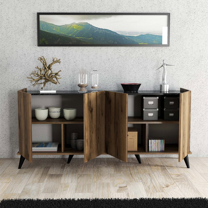 Hanah Home Consola Elegante 1604 Nogal y Mármol Negro, 180x80.8x45 cm, Estilo Bohemio